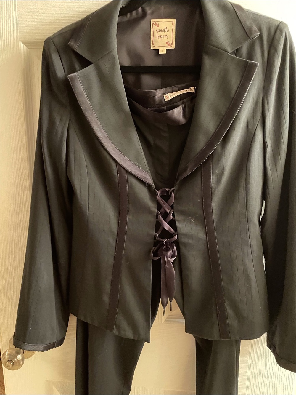 Nanette Lepore VTG Black Pinstripe Blazer and pants tux Satin Trim Lace-Up